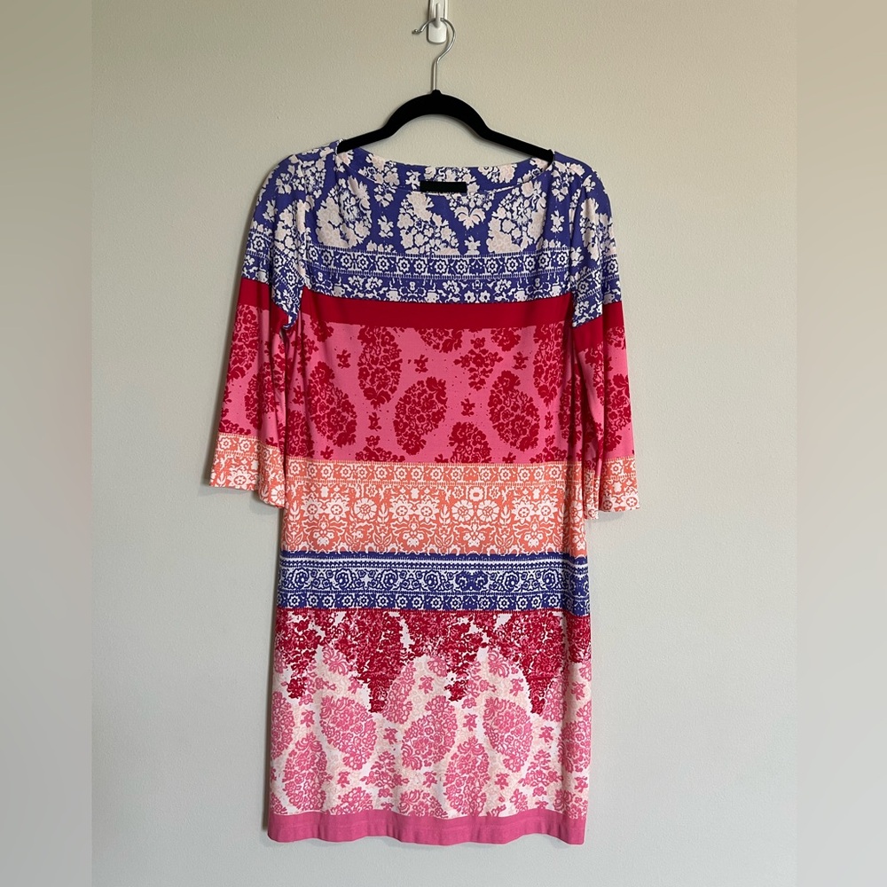 Donna Morgan Knit Floral Paisley Striped Sheath Dress Size 10 Comfort Stretch